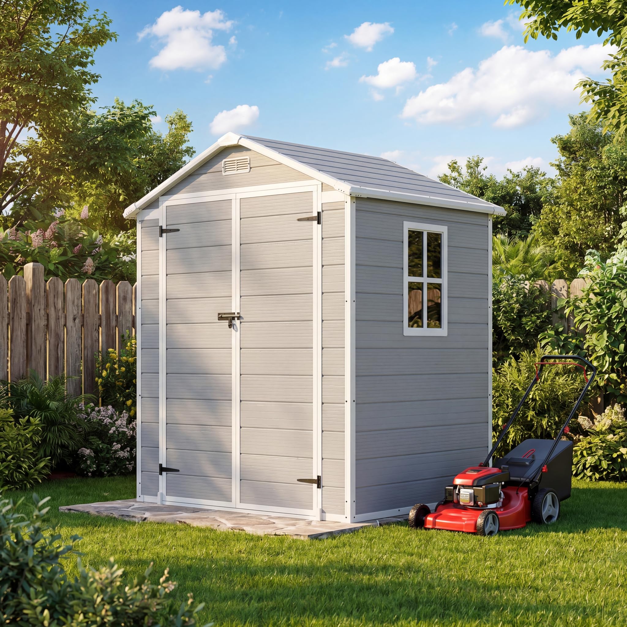 Patiowell 6 x 4 FT Plastic Outdoor Storage Shed with Floor, Resin Outside Sheds with Window, Garden Tool Shed with Lockable Door for Patio Storage, Backyard, Light Gray