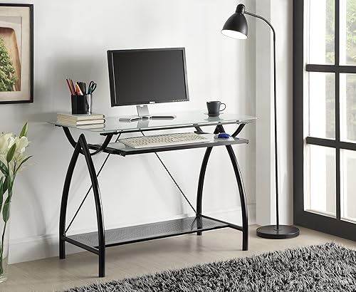 Miniatura 2 de OSP Designs OSP Designs Newport - Escritorio para computadora con parte superior de vidrio templado esmerilado, bandeja de teclado extraíble y marco