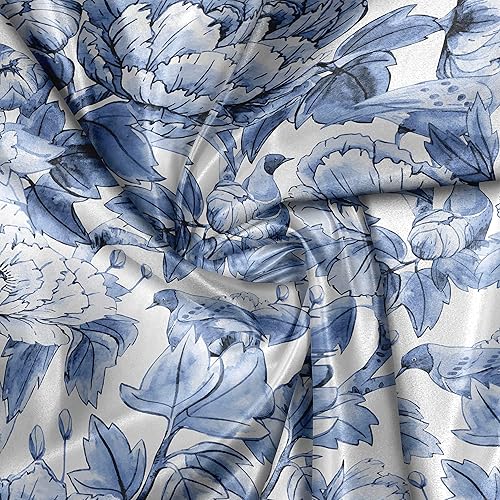 Miniatura 4 de Ambesonne Floral Fabric by The Yard, Pastel Nature Monochrome Spring Composition of Blooming Peonies and Birds, Decorative Satin Fabric for Home