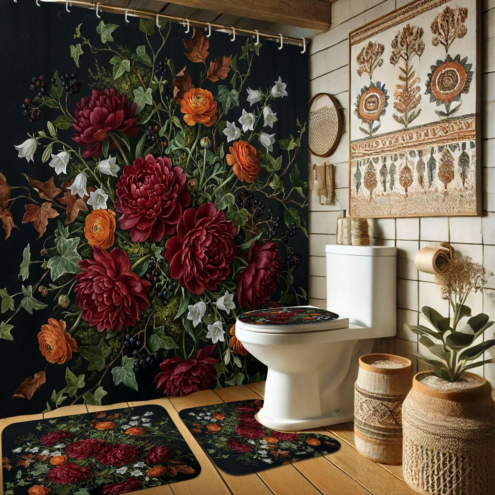 Rideau de douche haut de gamme en polyester épais motif pivoine rouge foncé 183 cm