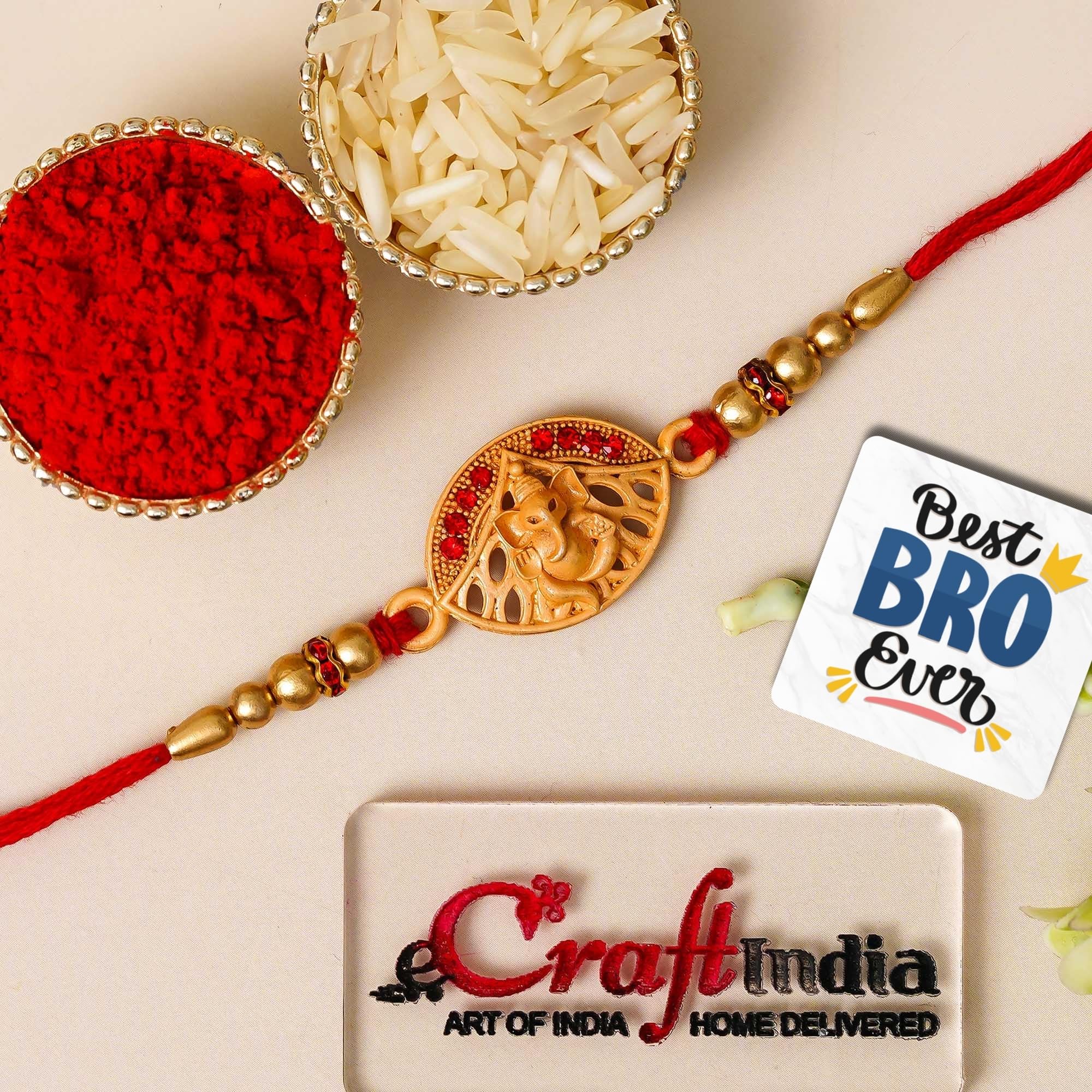 eCraftIndia Red Golden Lord Ganesha Rakhi for Brother | Raksha Bandhan Rakhi for Bhai Bhaiya | Best Bro Ever Fridge Magnet | Roli Chawal Pack-image-26