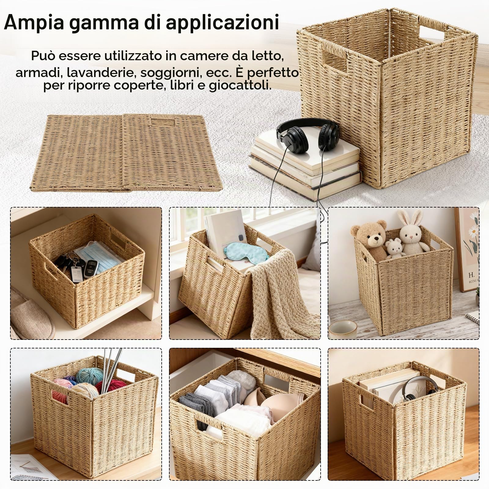 Cestini Portaoggetti, 2 Pezzi Cestini Da Cucina Intrecciati Con Manici Organizer Pieghevole In Giunco ​​Marino Multifunzionali Per Cucina Bagno Camera Da Letto - 28 * 28 * 28cm