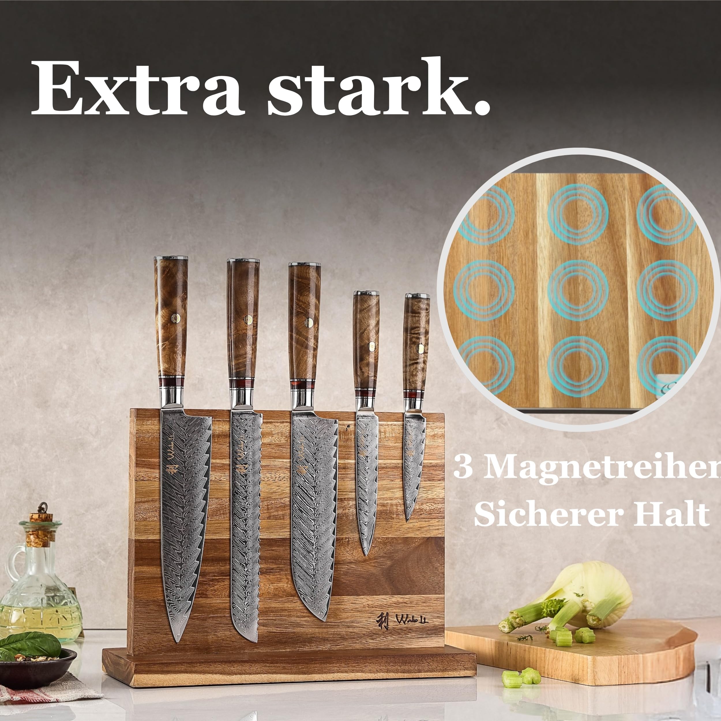 Wakoli Culinary Sycamore Messerblock Set, 5 Messer aus 67 Lagen Damaststahl | Kochmesser, Brotmesser, Santoku, Allzweck- und Officemesser mit VG10 Kern, Berghorngriffen und Magnetblock aus Akazienholz