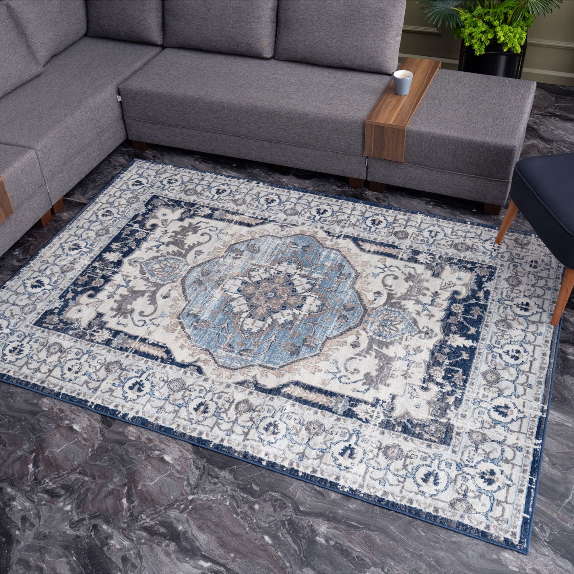The Rugs Navy Montana Medallion & Cream Living Room Area Rug 4040 | Size: 120Cm X 170Cm