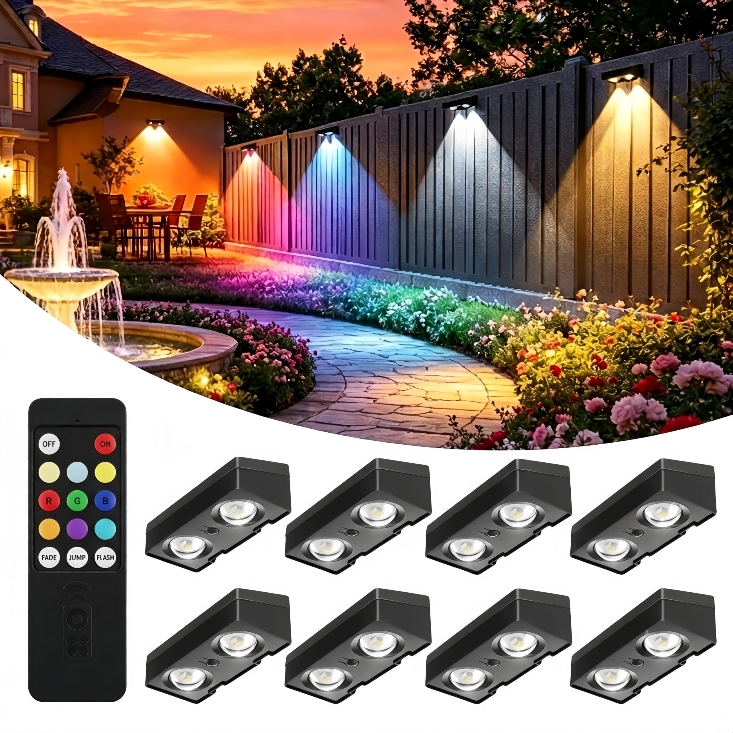 Solar Fence Lights Outdoor with Remote 8 Pack, RGB LED Solar Light Outdoor