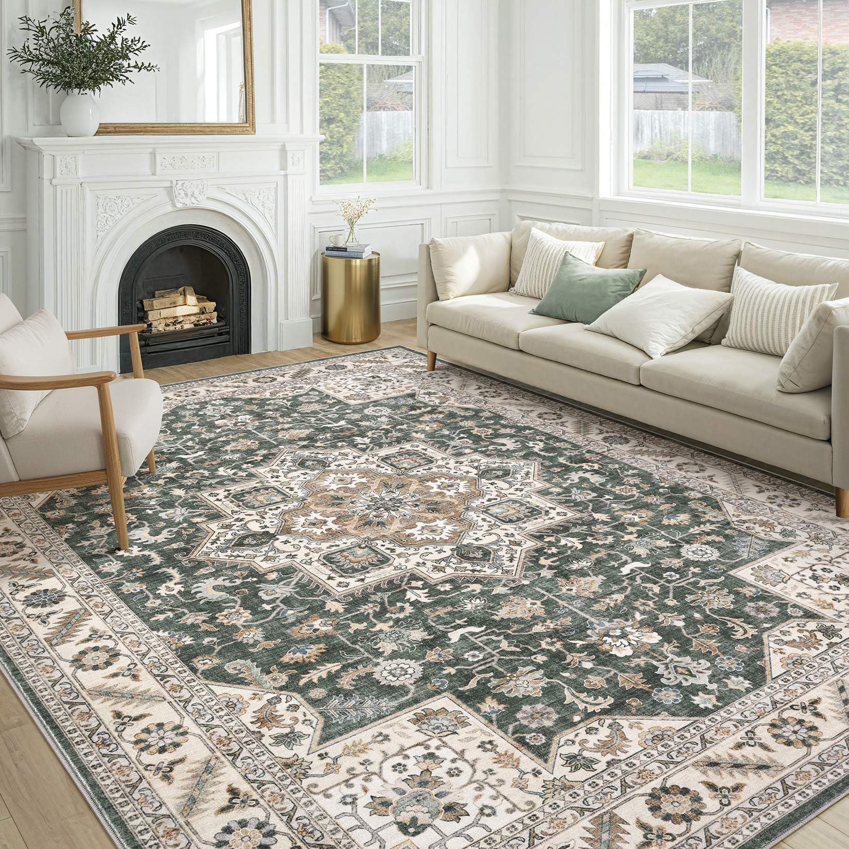 cotiled Vintage Living Room Area Rug 8x10 - Large Soft Washable Oriental Traditional Distressed Farmhouse Rugs for Bedroom - Indoor Floor Accent Carpet for Home Office House Decor - Vintage Green โ image 1