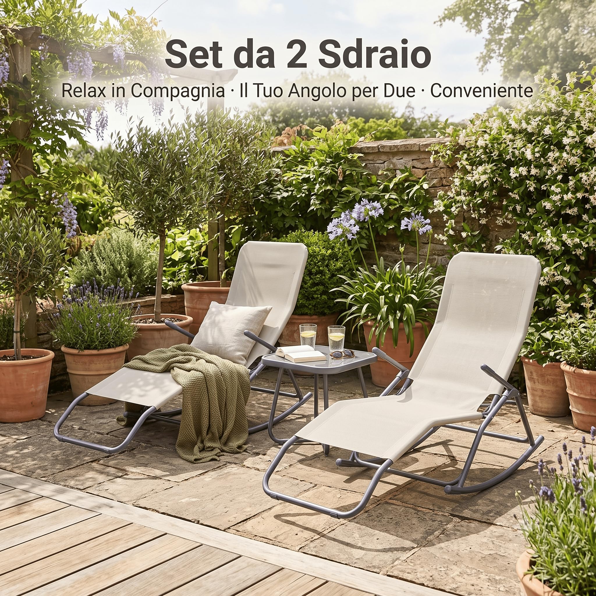 Lemag Set 2 Sdraio a Dondolo da Giardino Beige Melange – Poltrone Relax Dondolanti per Terrazzo Veranda ed Esterno – Sedie Comode per Rilassarsi all'Aperto – 135x60x95 cm