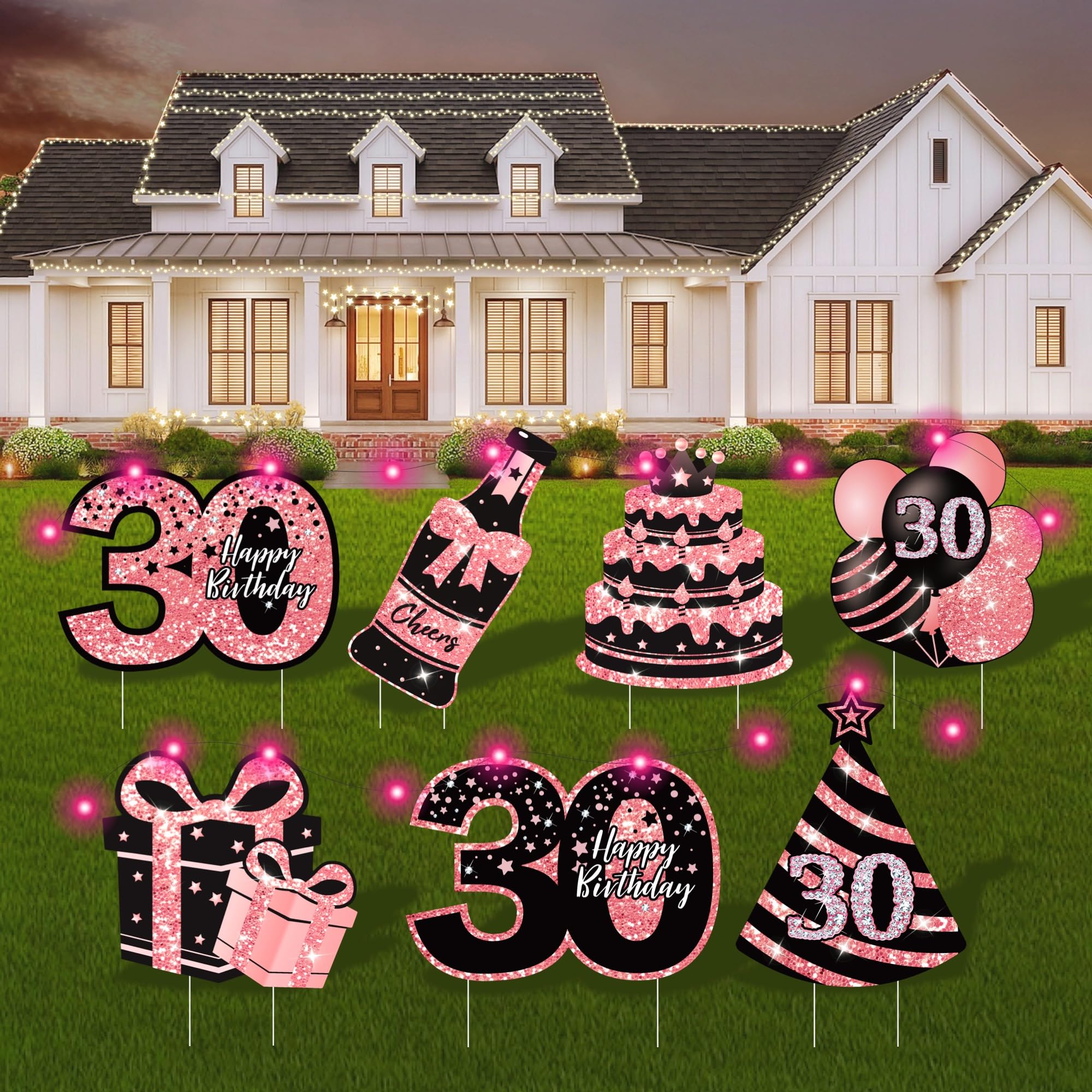 30th Birthday Decorations for Her - 7 Pcs Birthday Yard Signs with Stakes, LED Lights &amp; Double-Sided Tape | Happy 30th Decor | Outdoor/Indoor Party Favors, Photo Props &amp; Lawn Decorations