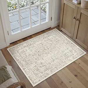 Light Brown Entryway Area Rug 2x3 Door Mat Machine Washable Kitchen Vintage Distressed Non Slip Carpet Indoor Retro Floral Accent Throw Small Rug for Bathroom Office Bedroom Dining Room