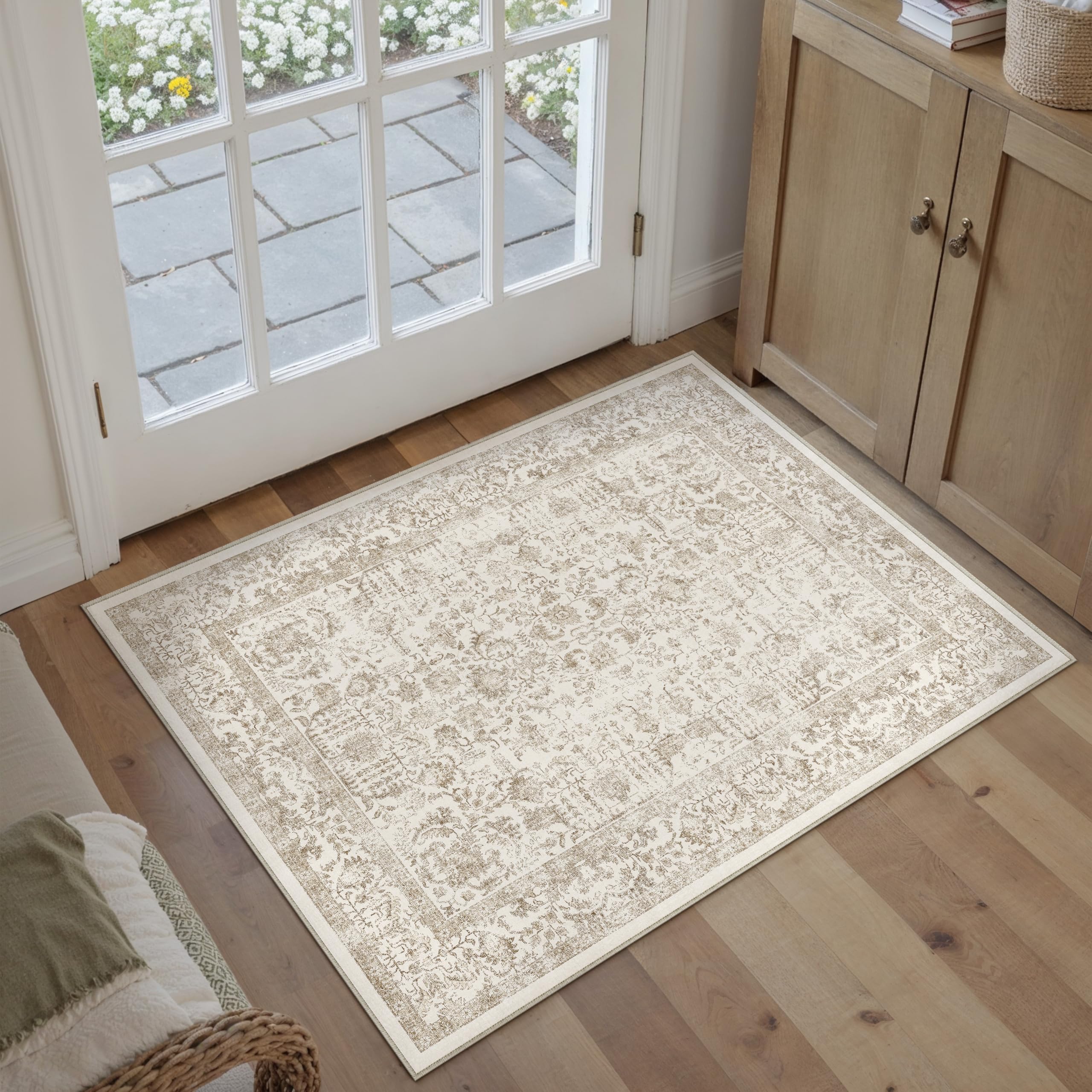 PureCozy Light Brown Entryway Area Rug 2x3 Door Mat Machine Washable Kitchen Vintage Distressed Non Slip Carpet Indoor Retro Floral Accent Throw Small Rug for Bathroom Office Bedroom Dining Room