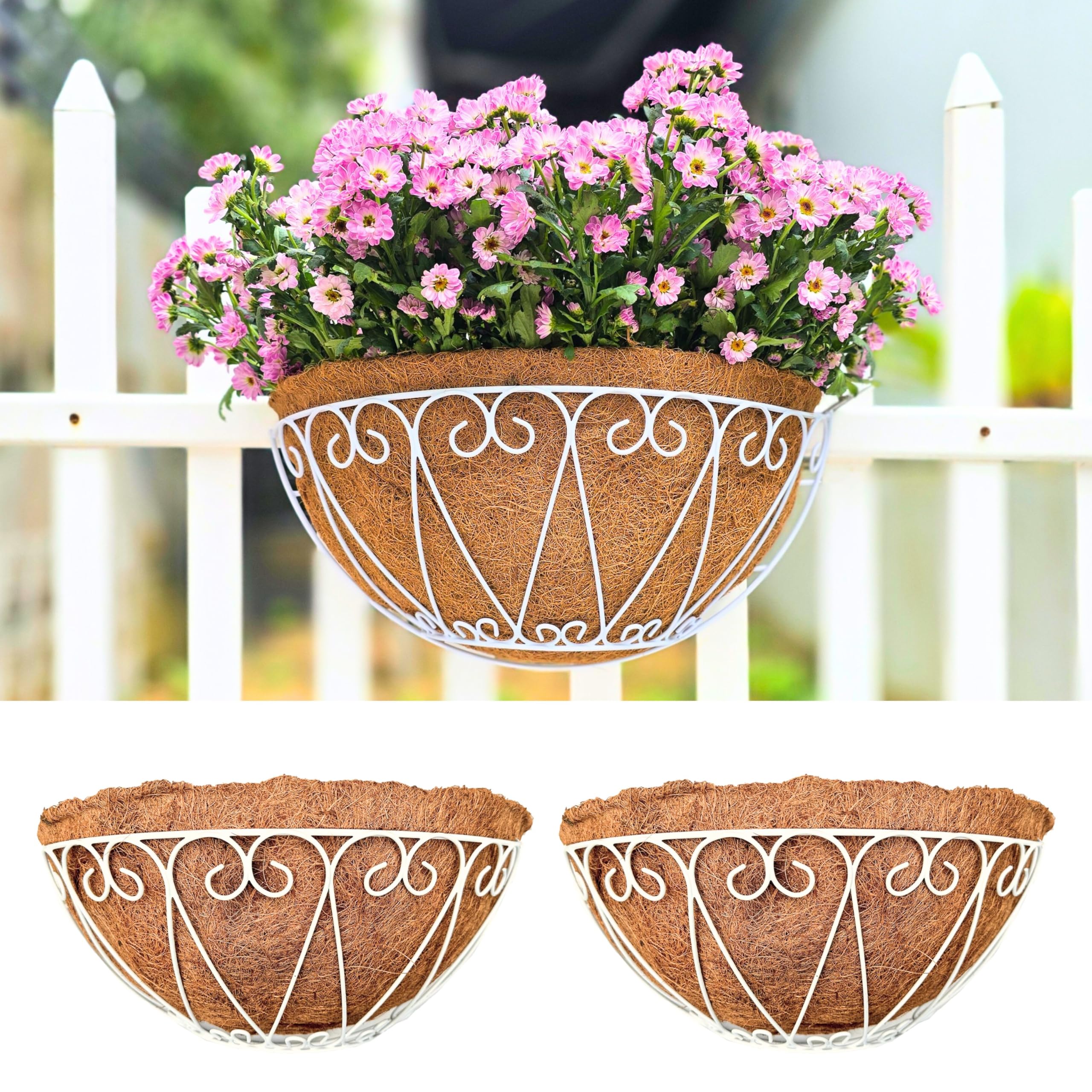 LaLaGreen Outdoor Wall Planters (2 Pack, 16 Inch) White Metal Wall Mounted Hanging Basket with Coco Liner, Large Flower Pot Plant Holder Planter for Fence Railing Deck Porch Balcony Modern Home Decor