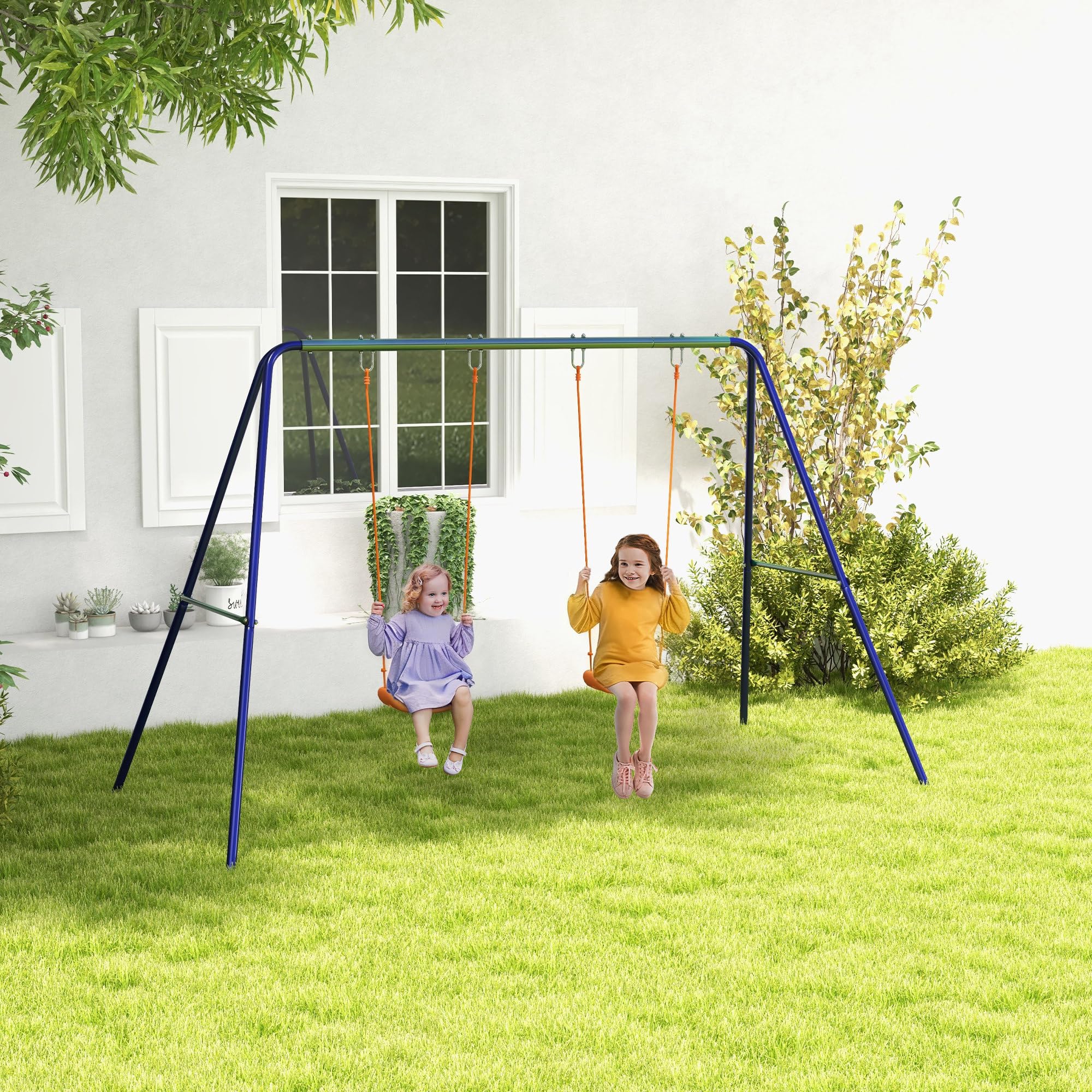 Outsunny Altalena per Bambini 3-8 Anni con 2 Seggiolini e 4 Picchetti, Altalena Doppia da Giardino in Metallo, 269x160x180 cm, Multicolore