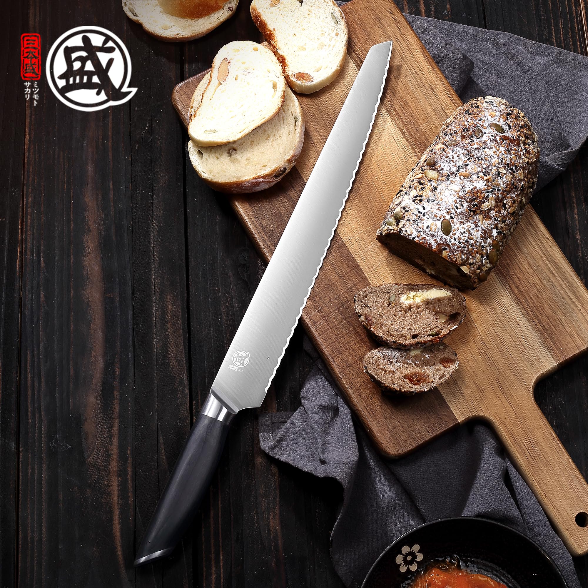 MITSUMOTO SAKARI 30 cm Doppelschneidiges Edelstahl Brotmesser | Extrem Scharfer Japanischer Professioneller Wellenschliffmesser, Geeignet Für Brot, Bagels Und Kuchen , Pakkawood Griff