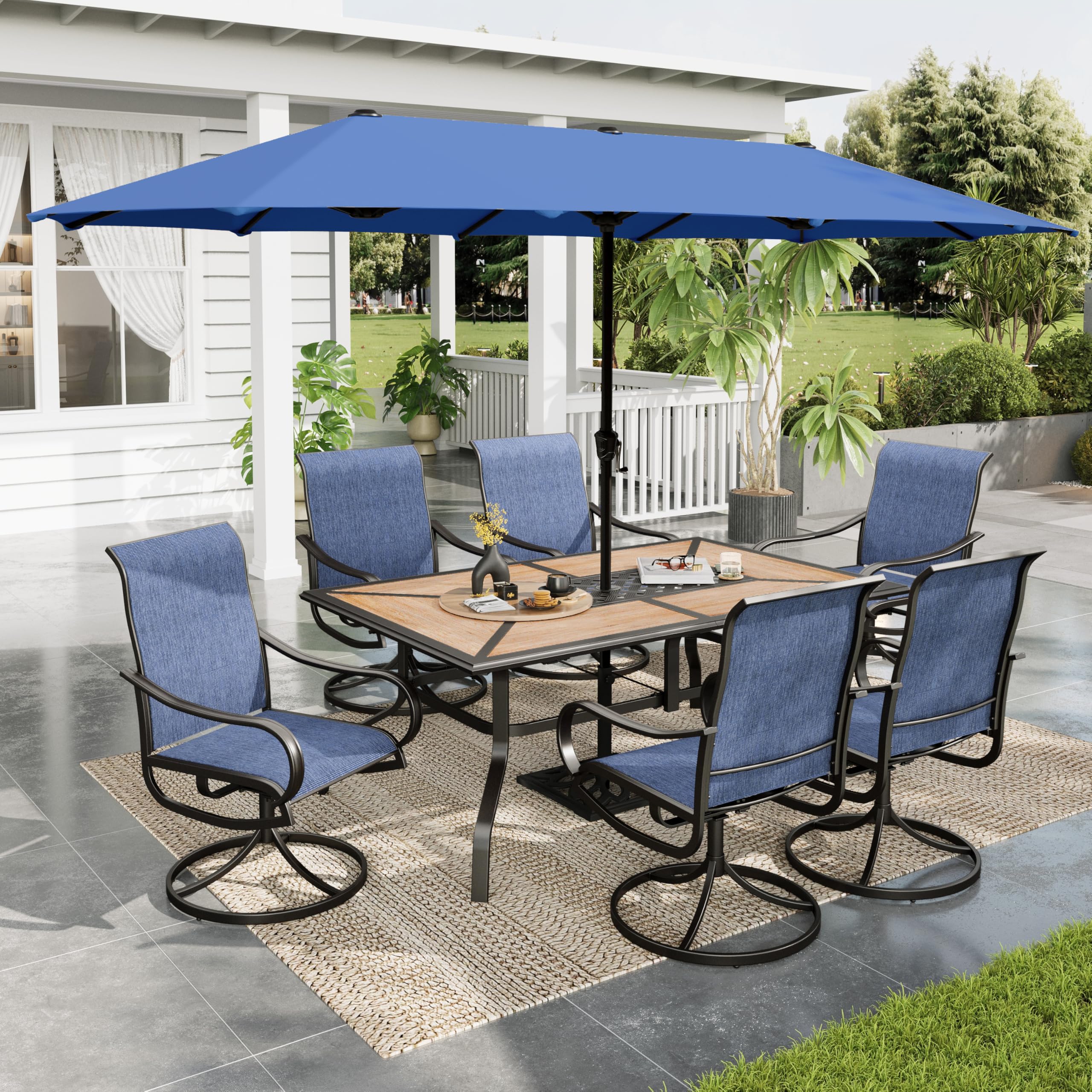 Sophia & William Patio Set with Umbrella Patio Dining Set for 6 with 13ft Rectangle Patio Umbrella Navy, 6 x Patio Chairs Blue, 1 Wood Like Outdoor