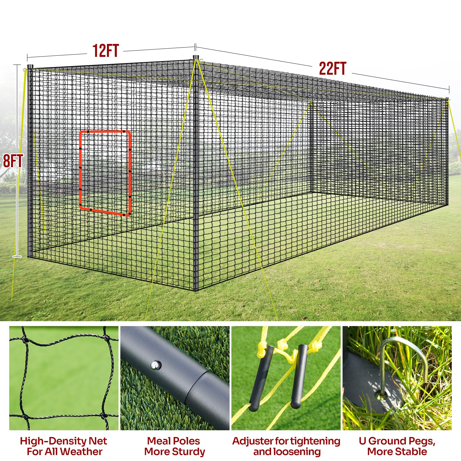 PLAYAPUT Portable Baseball & Softball Batting Cage,22FT x 12FT x 8FT Batting Cage Net With Pitching Machine Hole,Detachable Door,Target,And Guide Ropes,Easy Setup Batting Cages For Backyard,Park,Field
