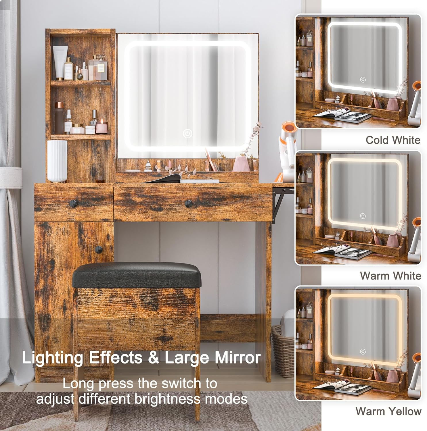 LED Mirror with three lighting effects: Cold White, Warm White, Warm Yellow