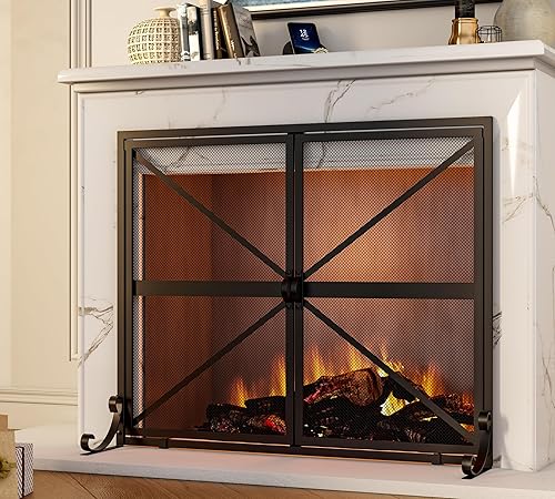 Miniatura 2 de Fire Beauty Pantalla de chimenea con puertas, 2 paneles hechos a mano de hierro forjado sólido malla decorativa, accesorios seguros para bebés para