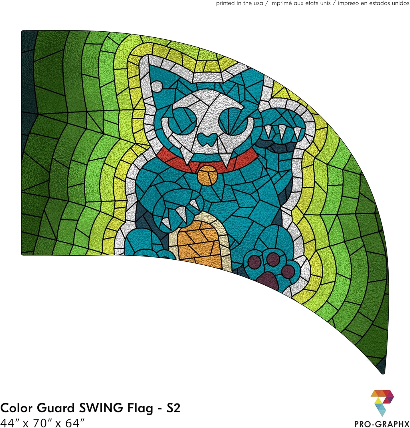 Color Guard Flag For Marching Band Color Guard Flag Pole, Curved Rectangle Indoor Winter Competition, Colorguard Performance SWING Flag S2 - Stained Glass Cat