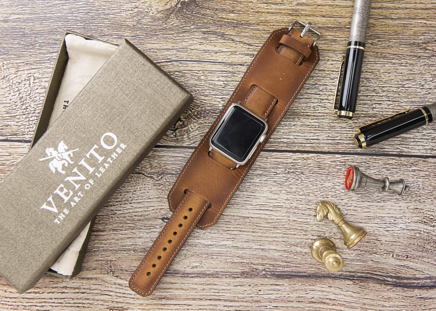 Venito Ancona Cuff Leather Band for Apple Watch 49/45/44/42mm, Replacement Strap for iWatch Ultra 3/2/1, SE 3/2/1, Series 11 10 9 8 7 6 5 4 3 2 1, (Antique Brown w/Silver Connector&Clasp)