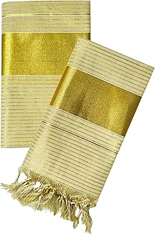 Women's Kerala Traditional Flora Tissue Kasavu Set Mundu With Tassels 2.00x2.80 Meters