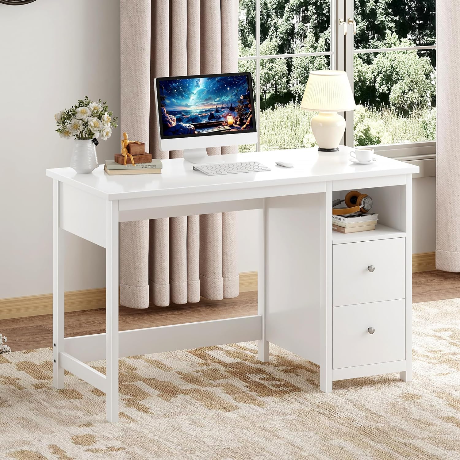 BHG White Desk with Drawers,Modern Small Computer Desk for Home Office, Makeup Vanity Desk Dressing Table for Bedroom,Filing Cabinet Writing Table PC Desks for Study (White, 39.3") White 39.3"