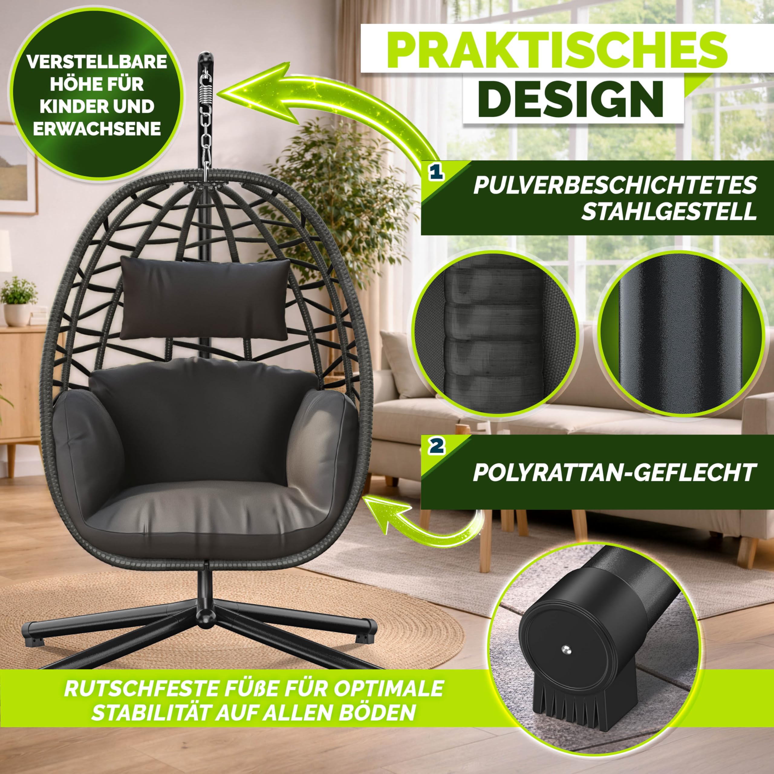 tillvex® Hängesessel mit Gestell Outdoor & wetterfester Abdeckung inkl. Befestigung | Hängekorb klappbar bis 150 kg | Hängesitz aus Rattan | Hängestuhl für Indoor Garten Balkon Terrasse (Anthrazit) - 5