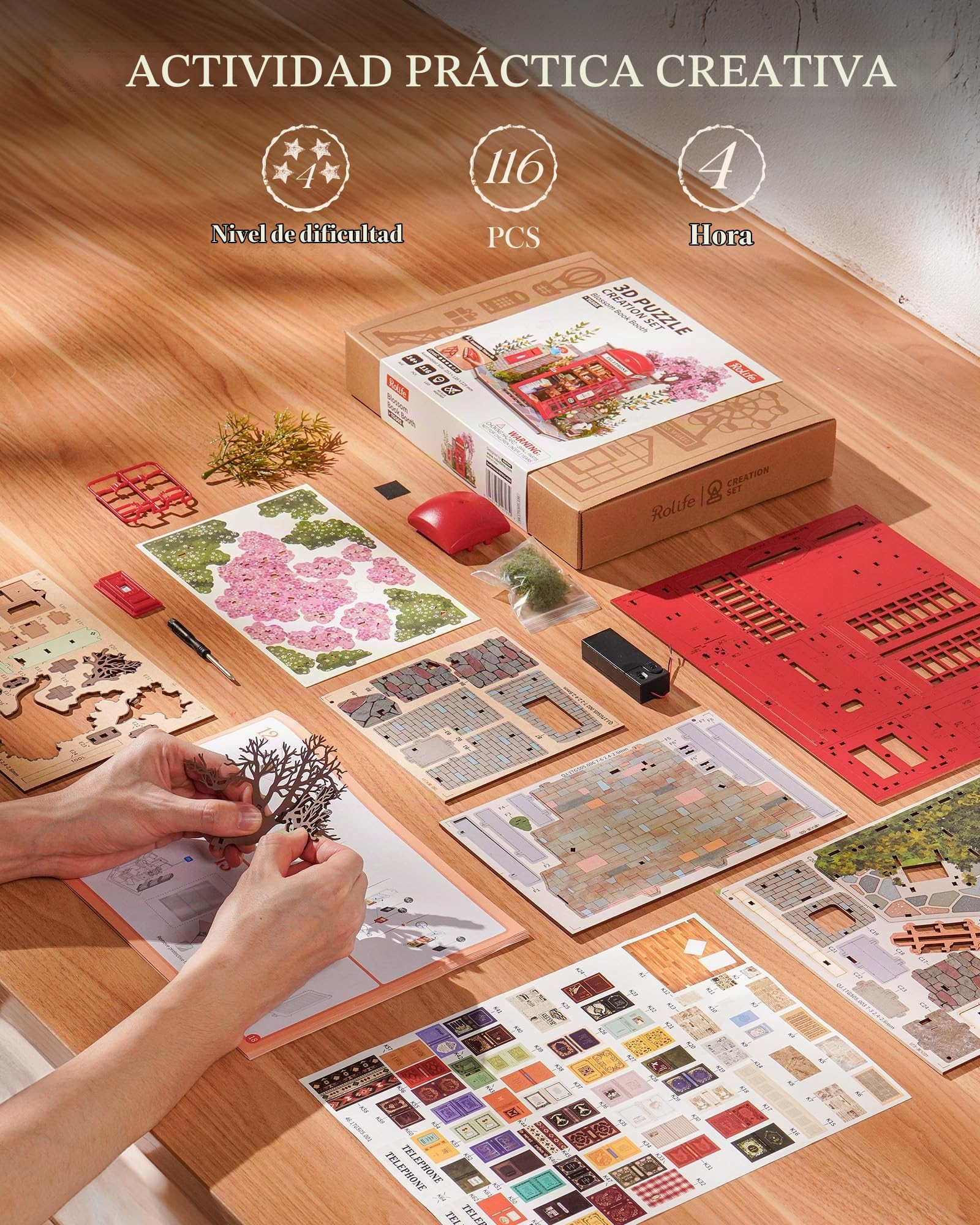 Rolife Puzzle 3D de Madera Cabina Telefónica Roja de Londres Maqueta de Madera para Adultos Blossom Puesto de Libros Juego de Construcción con Luces LED Decoración del Hogar Regalo Creativo