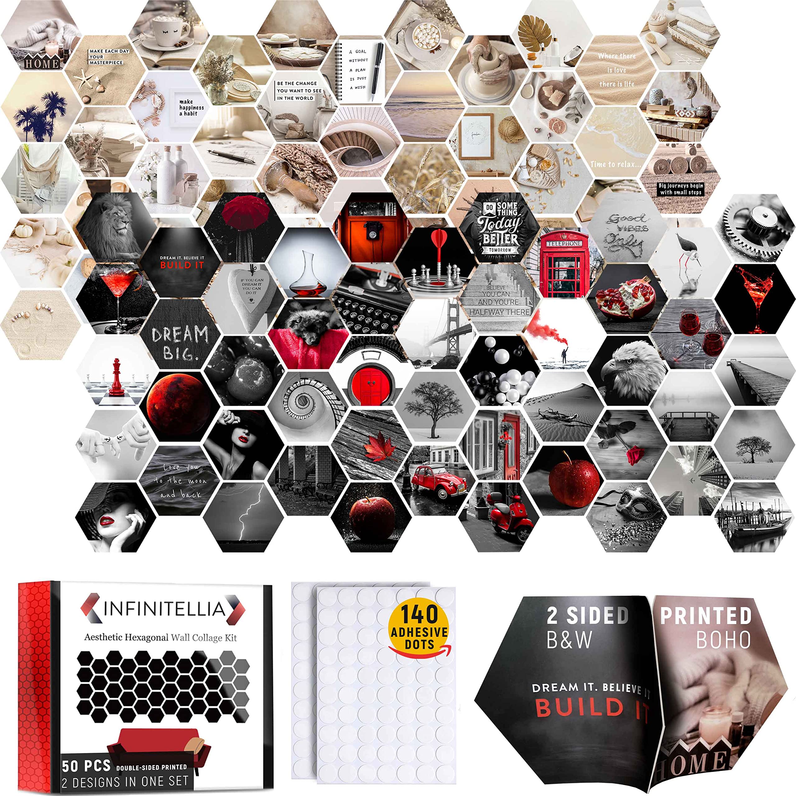 50 Pcs Wall Collage Kit Aesthetic Pictures, Double Sided and Hexagonal, Bedroom Decor Boho Wall Collage, Photo Room Decor for Teens and Adults