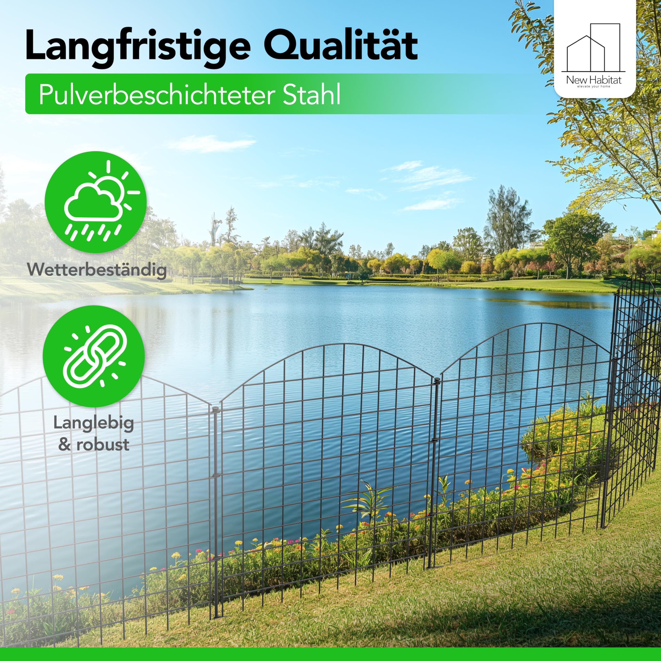 NewHabitat | 10x Teichzaun Steckzaun aus Metall, Anthrazit, 78cm - Erweiterbares Zaunset für Garten, Teich, Pool und Tiergehege