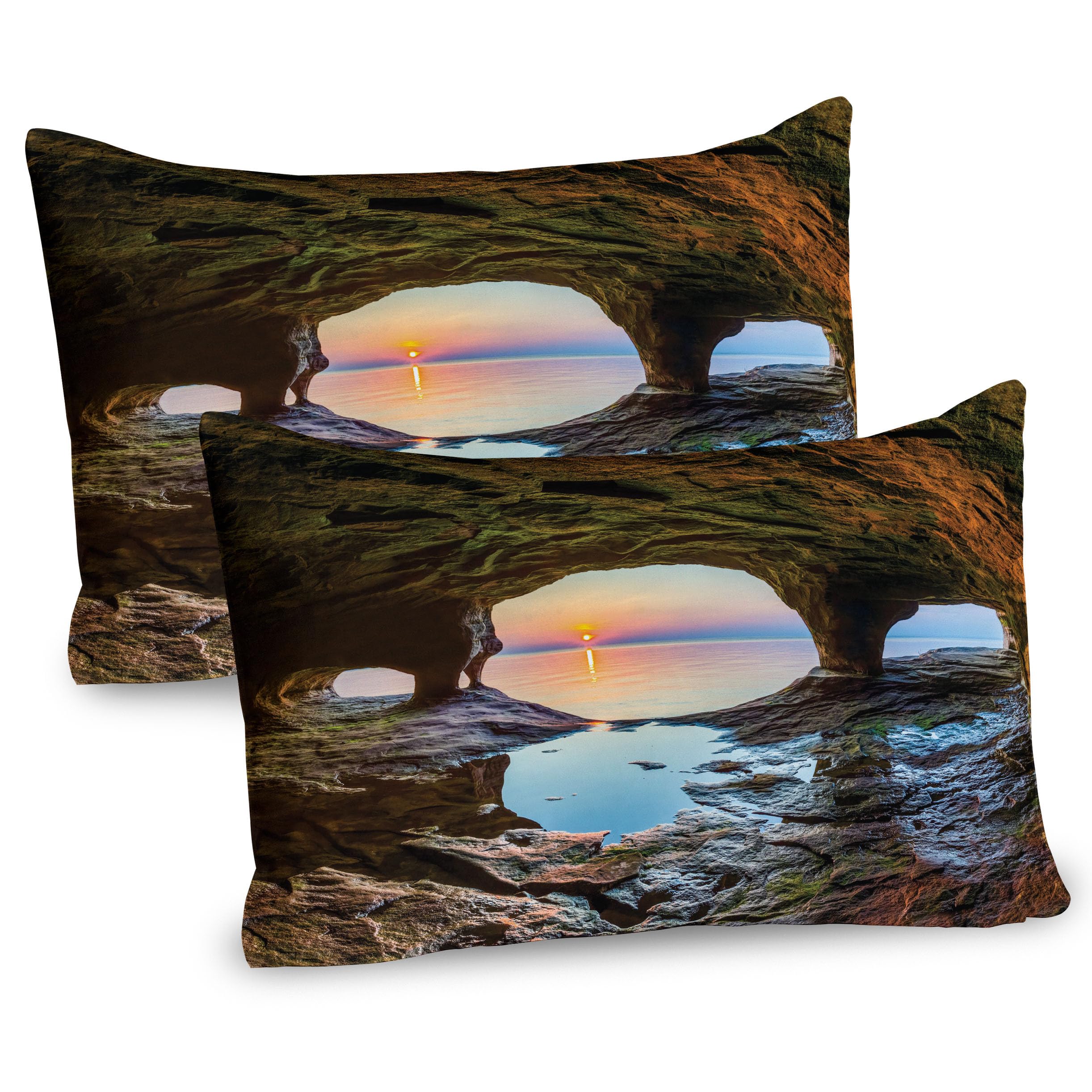 Ambesonne Natural Cave Pillow Sham Set of 2, Horizon View from Mossy Invisible Big Grotto by The Sea up Rocks Photo, Quality Microfiber Bedding Item for All Seasons, 30