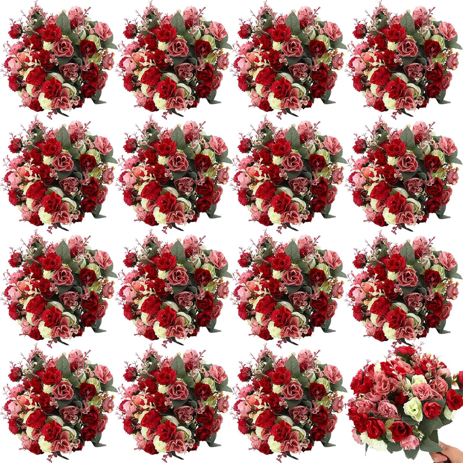 Geosar 16 Pcs Artificial Flowers Artificial Rose Bouquet Fake Flowers Bundles 21 Heads Faux Floral Bouquet Leaf with Stem DIY Fake Rose for Home Bridal Wedding Centerpieces Decor (Mixed Colors)