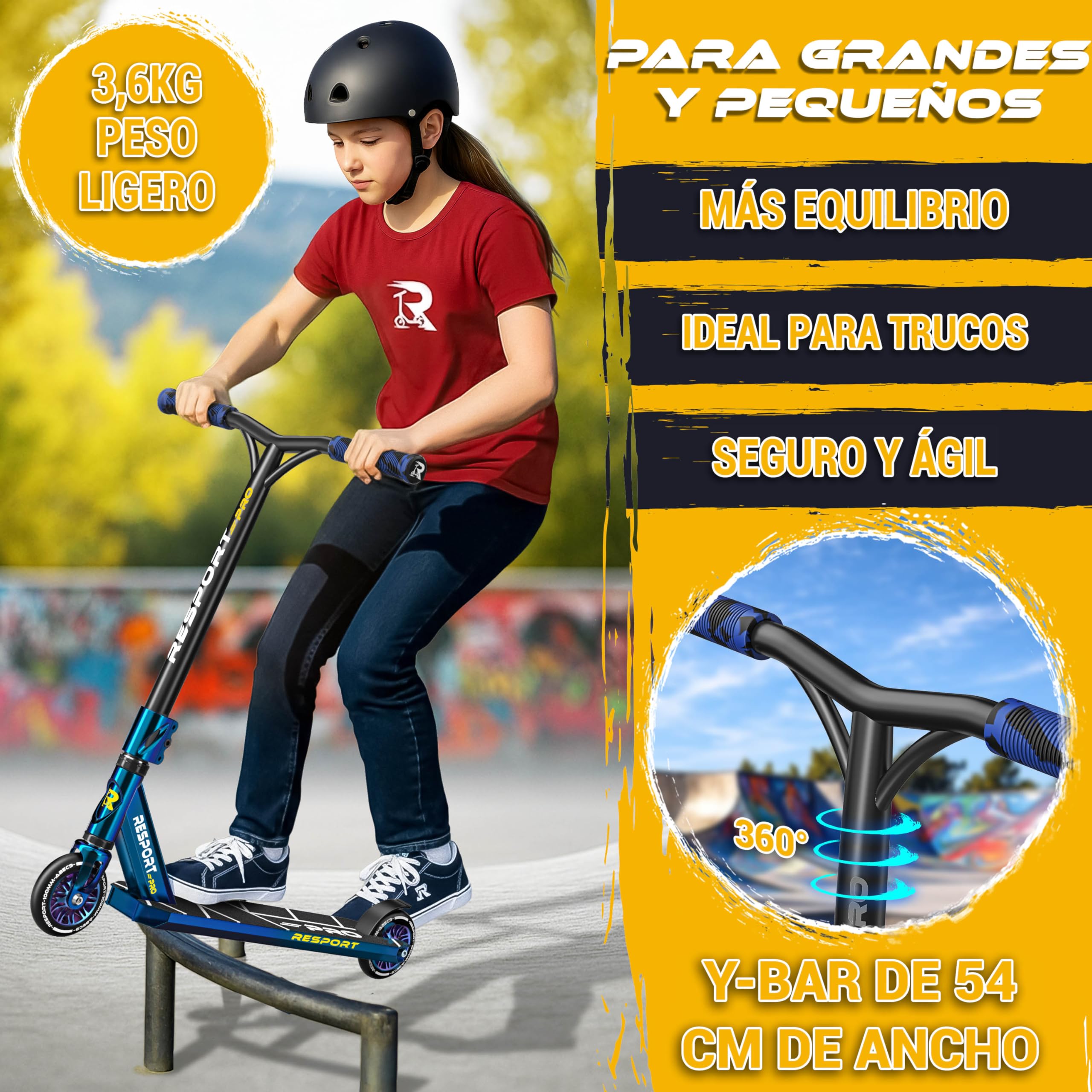 RE:SPORT Patinete de acrobacias Revo Pro para niños y adultos con soporte, patinete profesional de 110 mm, ruedas de poliuretano y barra en Y, patinete de acrobacias, patinete ABEC 9, rodamientos de — view 6