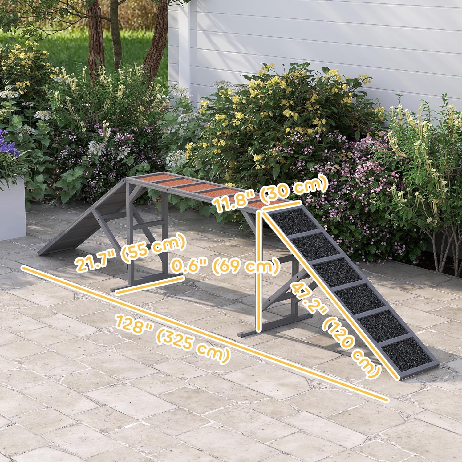 PawHut Wooden Dog Agility Equipment with Safety Bar, Non-Slip Surface, Dog Playground Ramp, Pet Obstacle Course for Backyard, Park, Walk and Pause Training, Gray