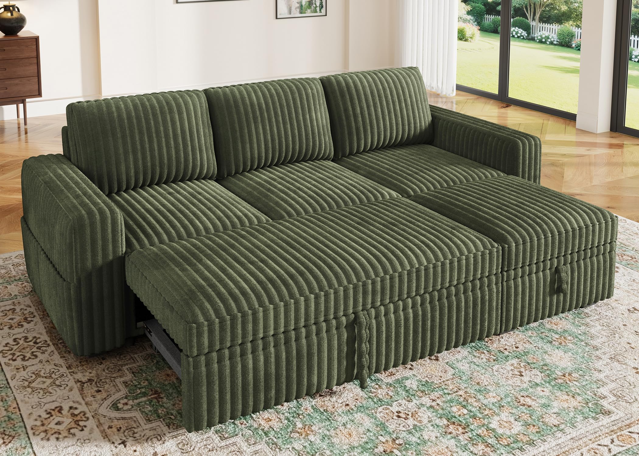 HONBAY Modular Sectional Sofa with Pull Out Bed,Corduroy L Shaped Sleeper Sofa with Storage, Sectional Couches for Living Room,Green