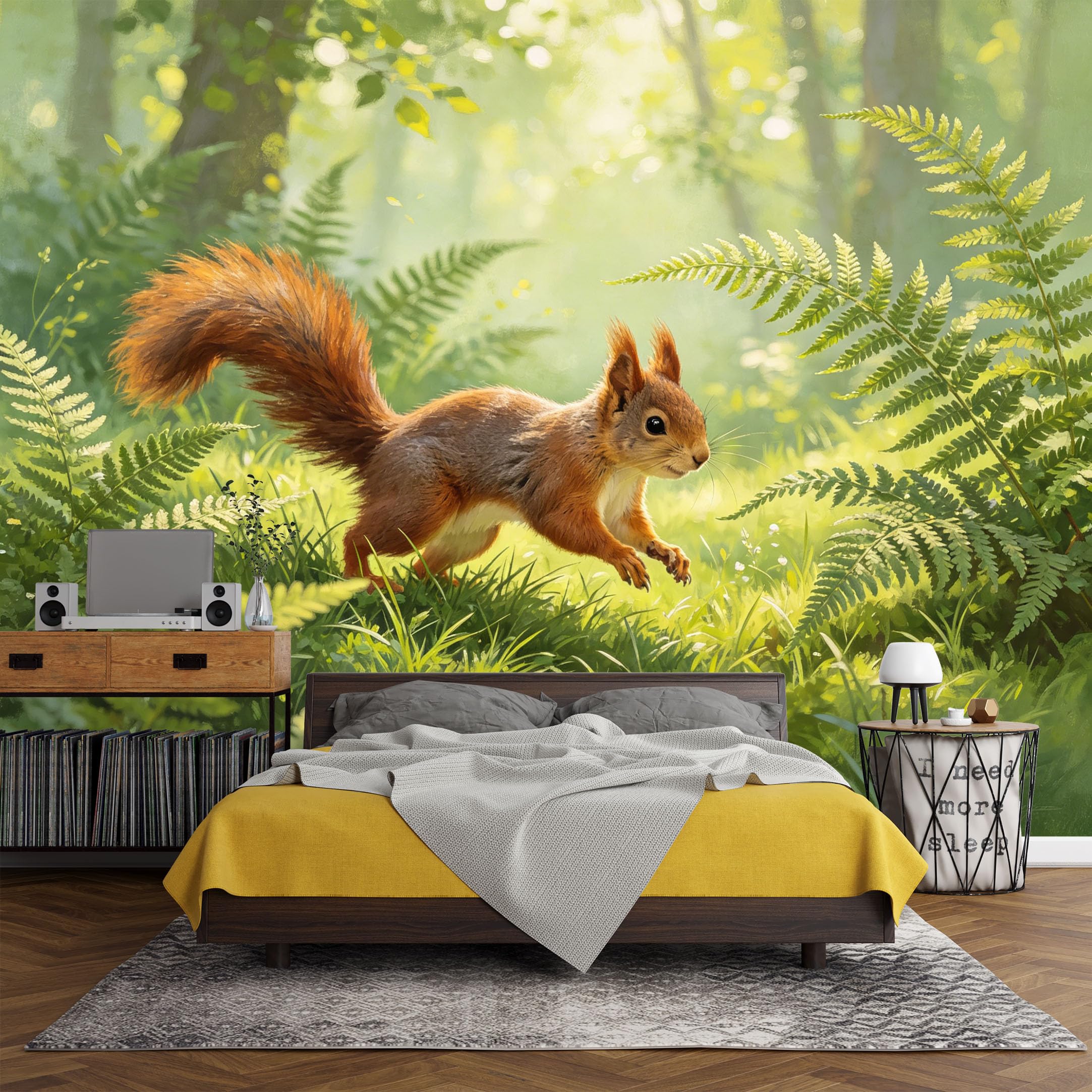 Custom Size Wall Mural， Forest Squirrel Fern Green Woodland Landscape，SelfAdhesive Art Prints wall Fabric (No PVC) Removable Wallpaper Living Room Decor