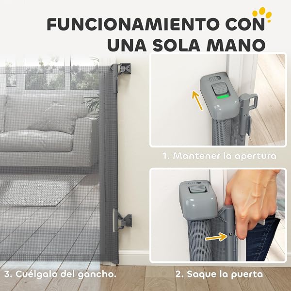 PawHut Barrera de Seguridad para Perros Retráctil, Extensible hasta 140 cm de Ancho y 93 cm de Alto, para Escaleras y Puertas, Valla para Perros Pequeños y Medianos, Uso con Una Sola Mano, Gris - 5