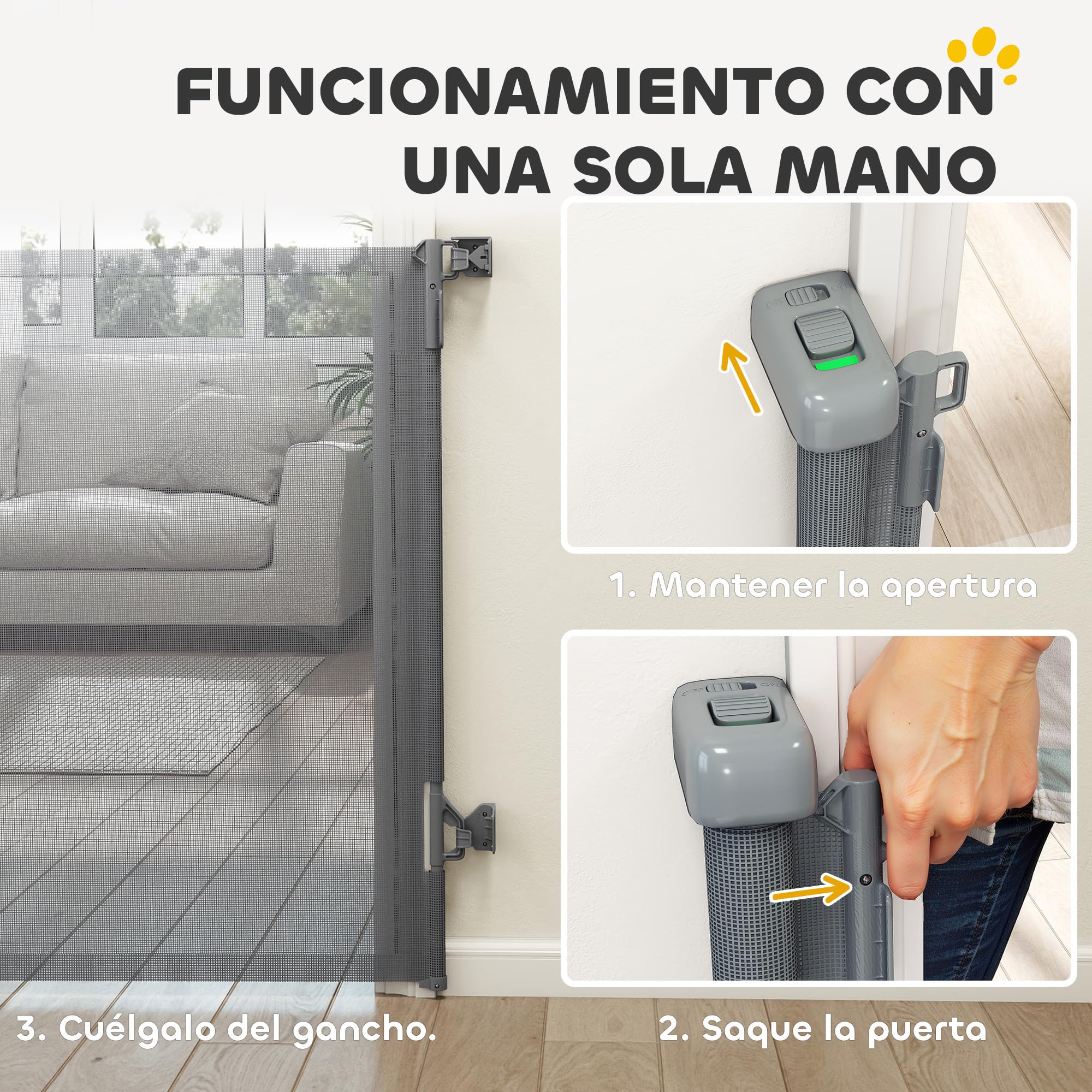 PawHut Barrera de Seguridad para Perros Retráctil, Extensible hasta 140 cm de Ancho y 93 cm de Alto, para Escaleras y Puertas, Valla para Perros Pequeños y Medianos, Uso con Una Sola Mano, Gris — view 5