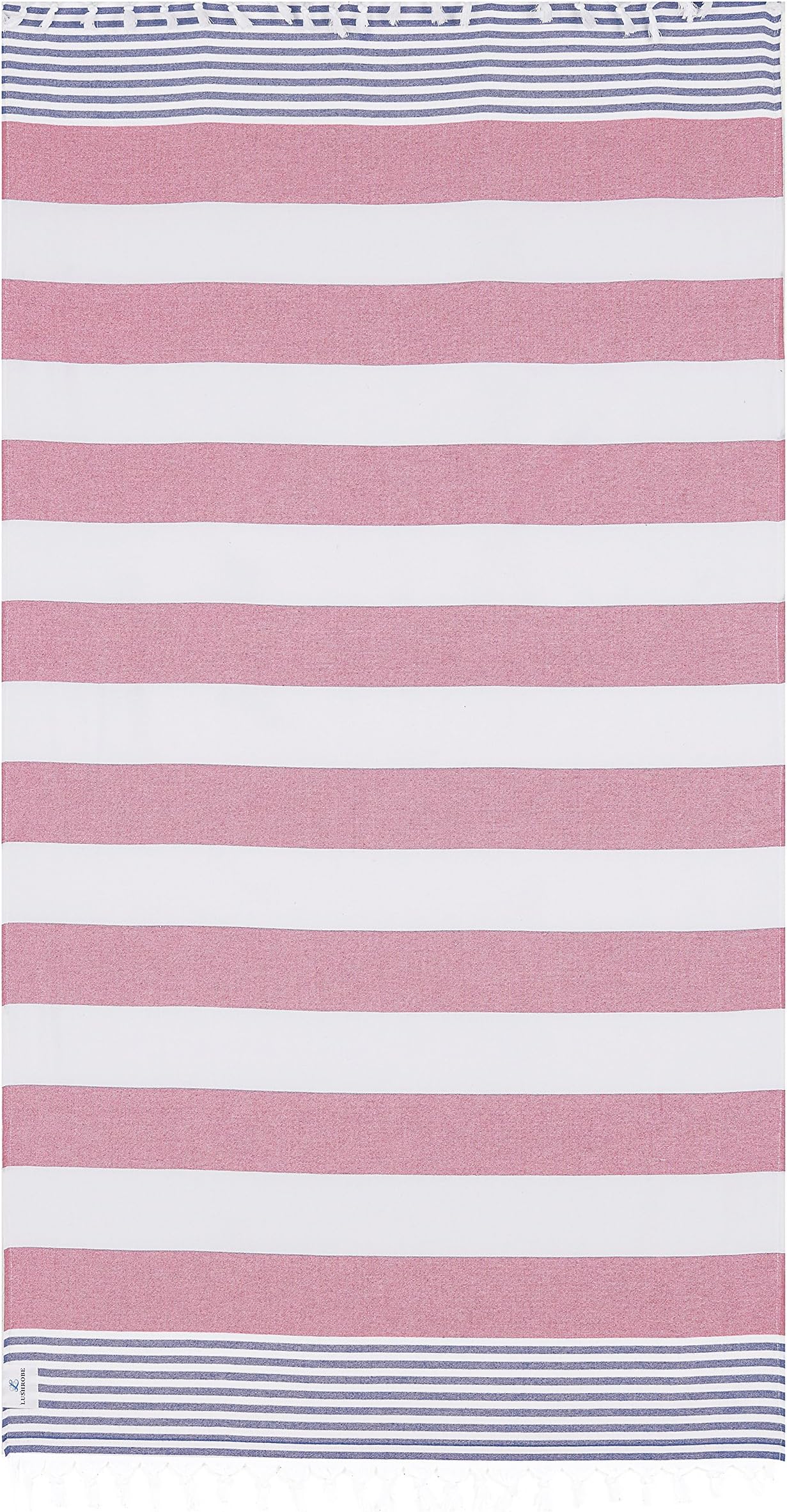 Lushrobe Terry Beach Cotton Towel - Lightweight and Large Peshtemal with Tassels for Bath Pool Travel Unisex - 68" L x 37" W (Denim/Hot Pink)