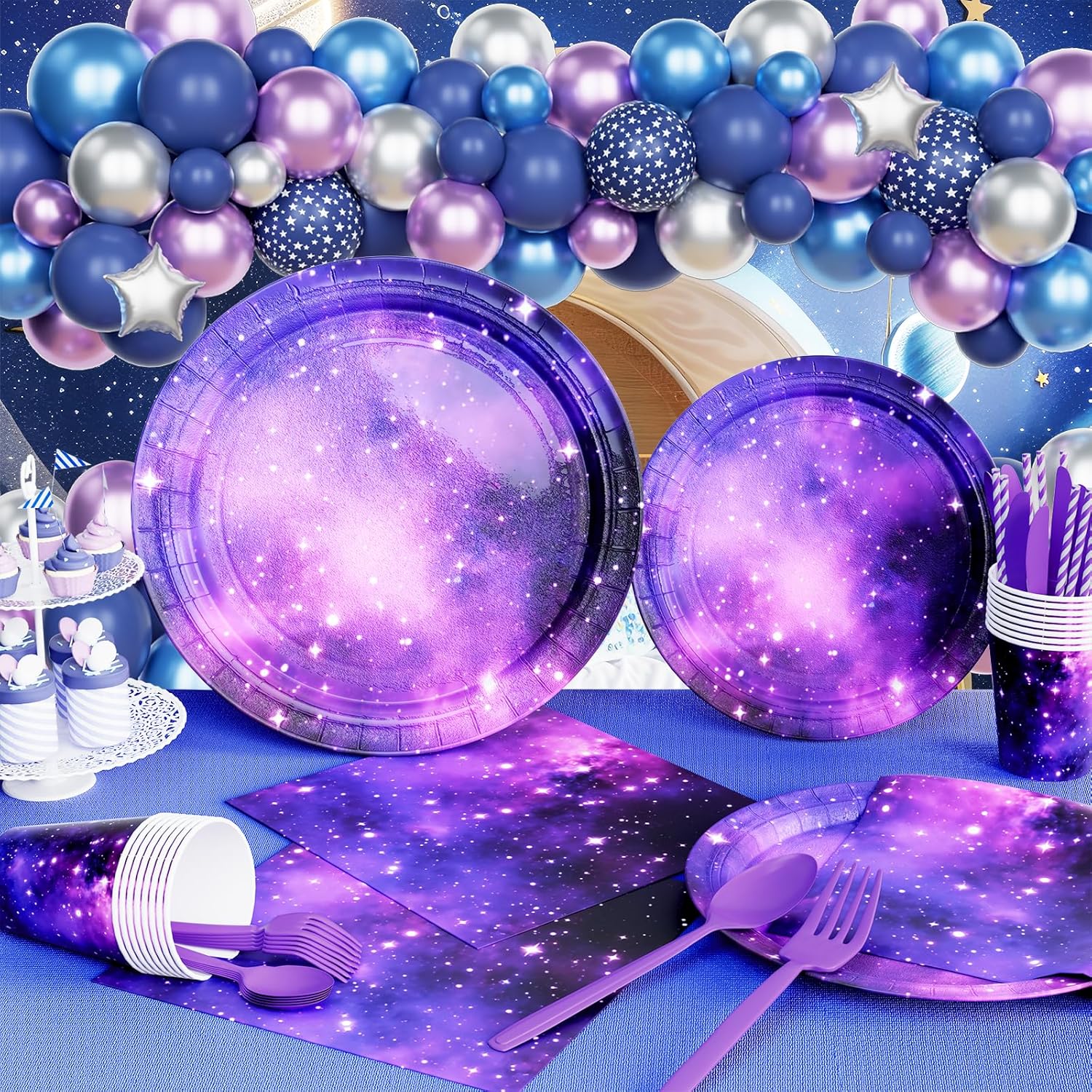 Galaxy Party Decorations, Starry Night Outer Space Birthday Supplies Backdrop Balloon Garland Banner Tablecloth Cake Cupcake Topper Plate Napkin Cup Straw Knife Fork Spoon Star Planet 218 PCs