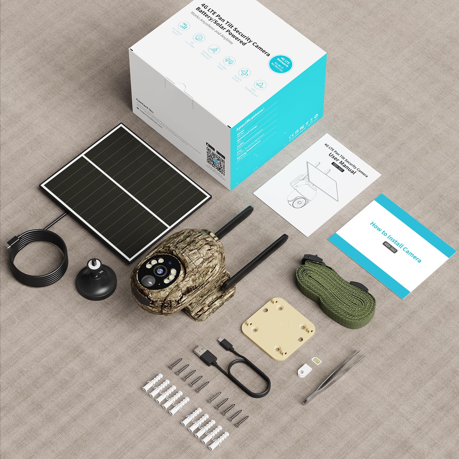 Fotocamera da Caccia 4G con SIM, 2K Telecamera Esterna con Pannello Solare e APP, 360° PTZ Fototrappola Infrarossi Invisibili, Visione Notturna a Colori, Audio a 2 Vie, Rilevamento Animali, IP66