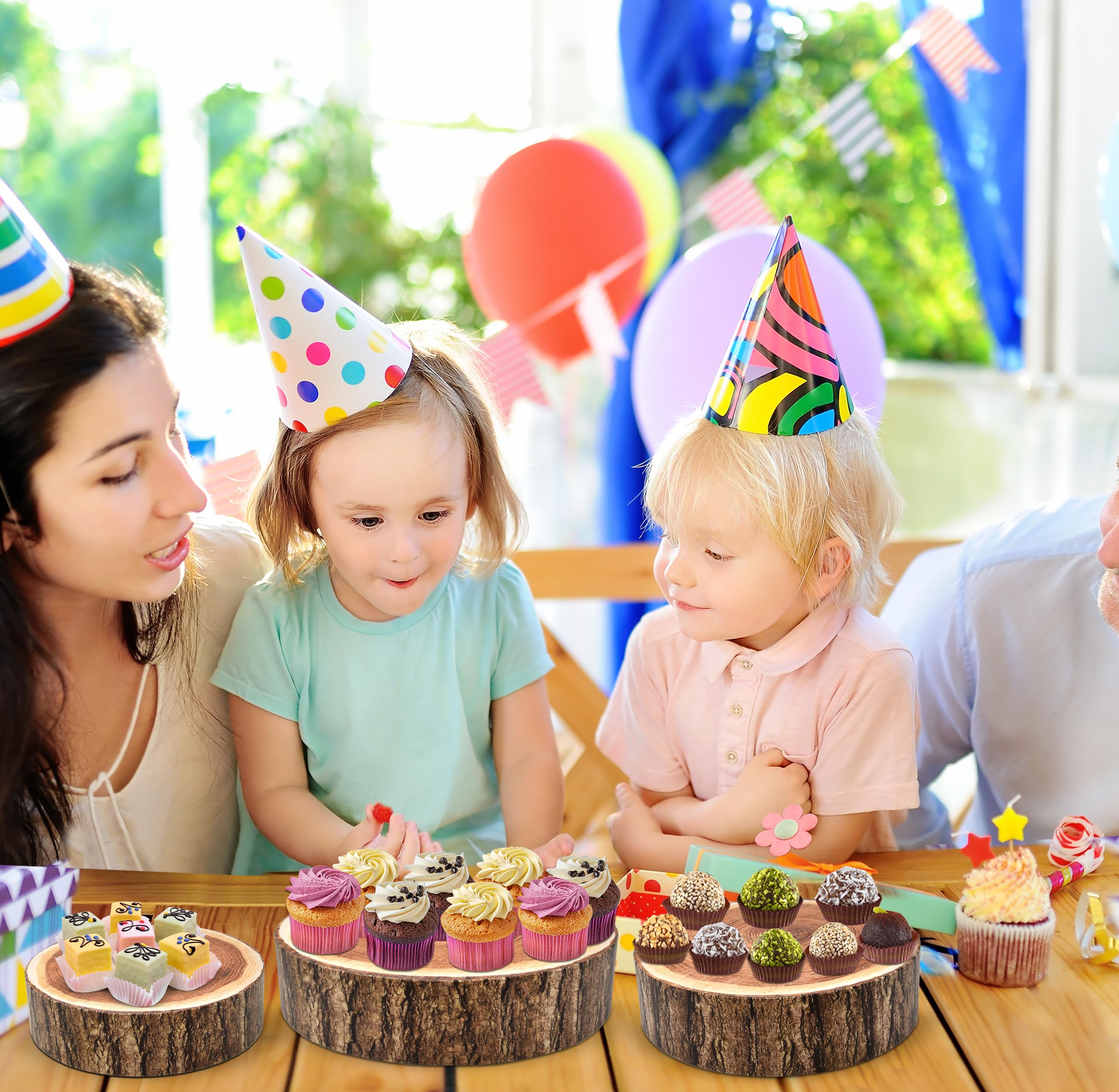 Juego de 3 soportes redondos de cartón con aspecto de madera, soporte para pasteles, 8, 10, 12 pulgadas, exhibición de postres, bandeja decorativa para bodas, fiestas de cumpleaños, decoración de mesa