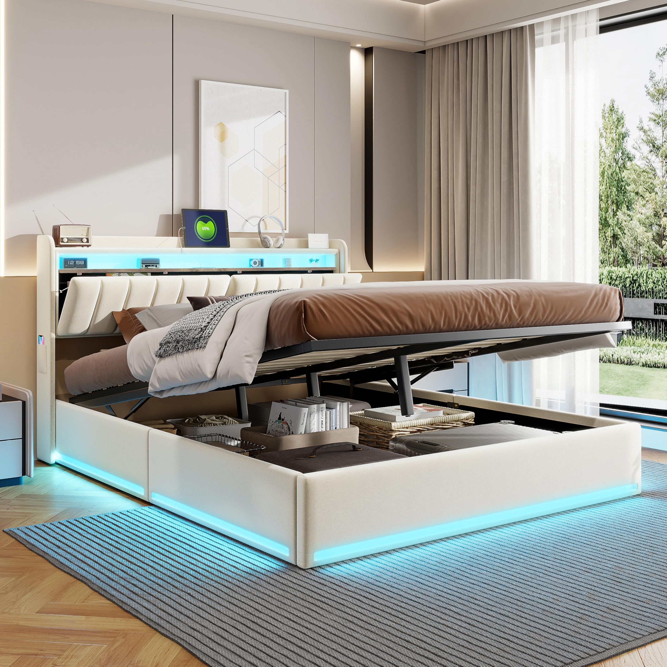 Letto Matrimoniale con Contenitore 160x200 cm, Letto Imbottito con illuminazione a LED e USB, letto matrimoniale imbottito,Letto Baule Testiera con Funzione di Stoccaggio, Velluto Beige