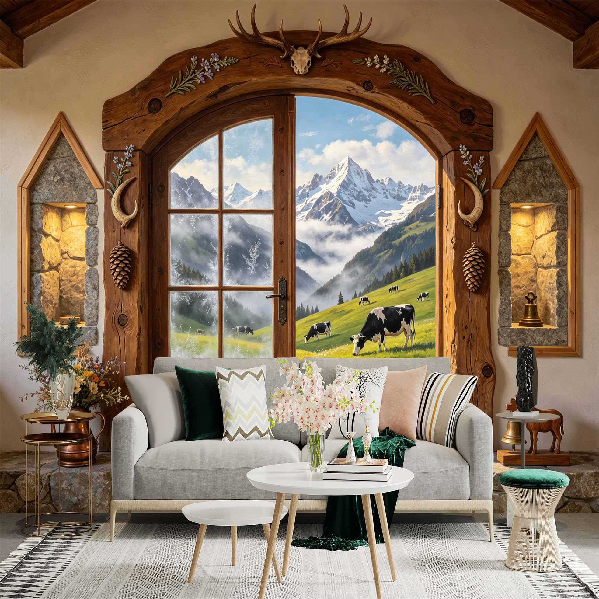 Custom Size Wall Sticker Mural， Rustic Mountain Meadow with Cows， Wooden Door Alpine Landscape， for wall Decoration， peelandstick wall Decals.