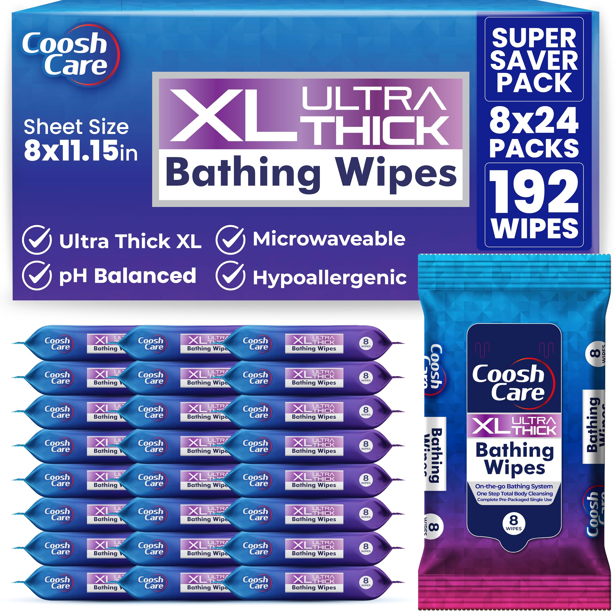 XL Ultra Thick Bathing Wipes – 8ct (Pack of 24) | No-Rinse Body Wash Wipes | Hypoallergenic, pH-Balanced, Microwaveable | Alcohol-Free Cleansing for Adults, Elderly, Travel, Camping