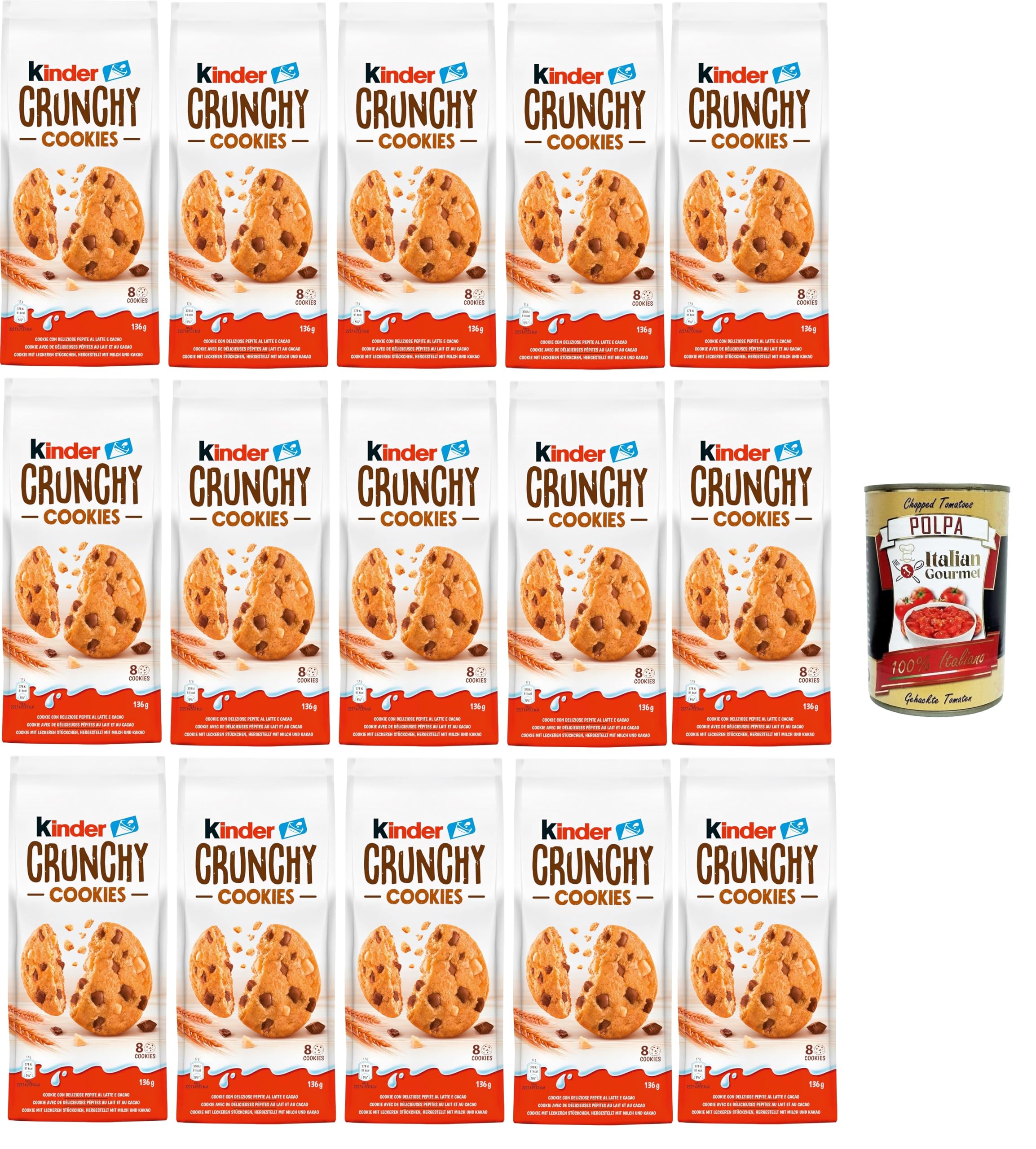 Italian Gourmet Kinder Crunchy Cookies biscotti 15 x 136g Kekse Milch-Snack | Con pezzetti al cacao, knusprig, pratiche porzioni per famiglia, Gesamtnettogewicht 2,04 kg + Kostenlos Polpa 400g