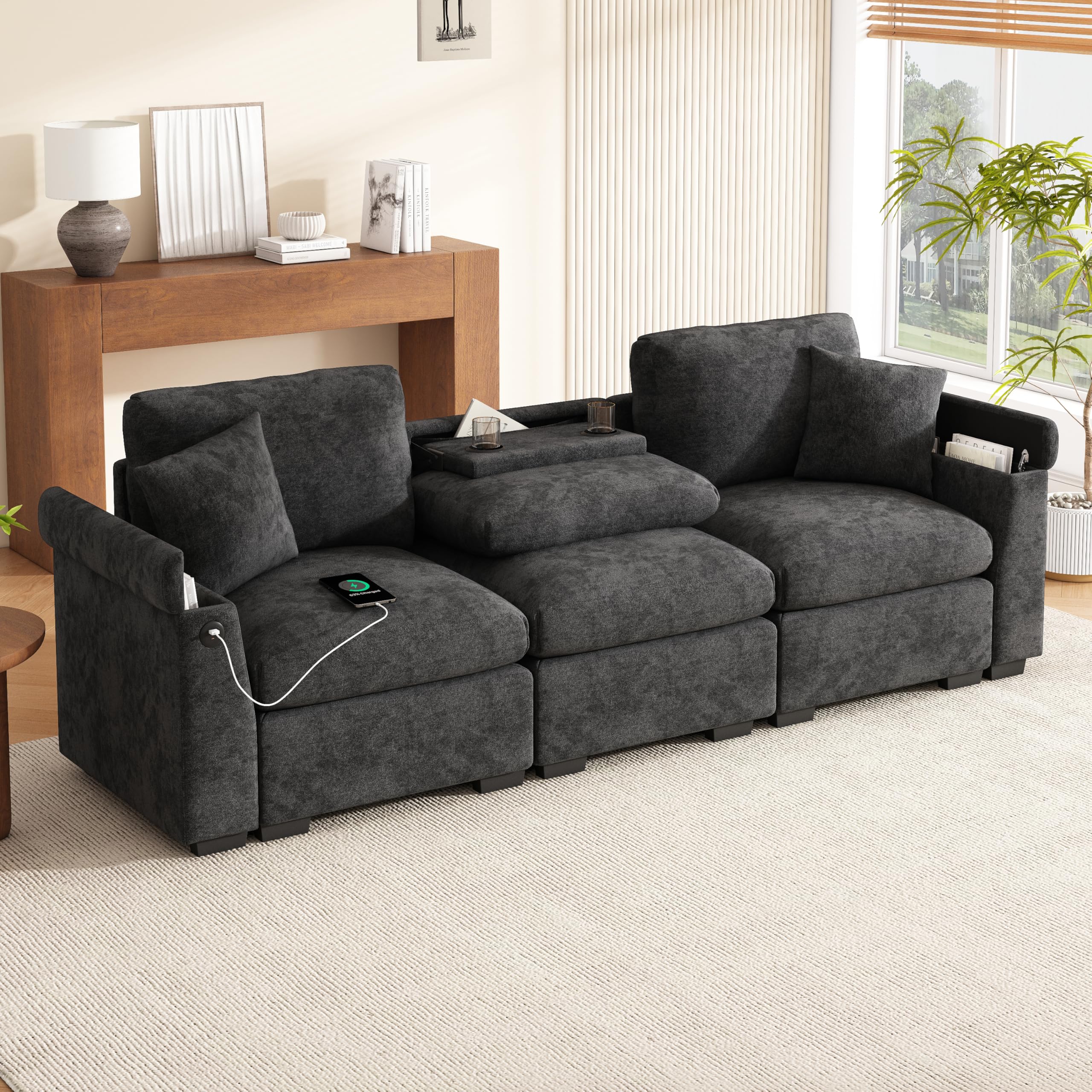 Divano 3 Posti in Ciniglia - 242 cm - Lavabile e Smontabile (Grigio) | Porta USB Integrata, Spazio di Archiviazione, 2 Cuscini Inclusi, Portabevande Ripiegabile, Multifunzionale