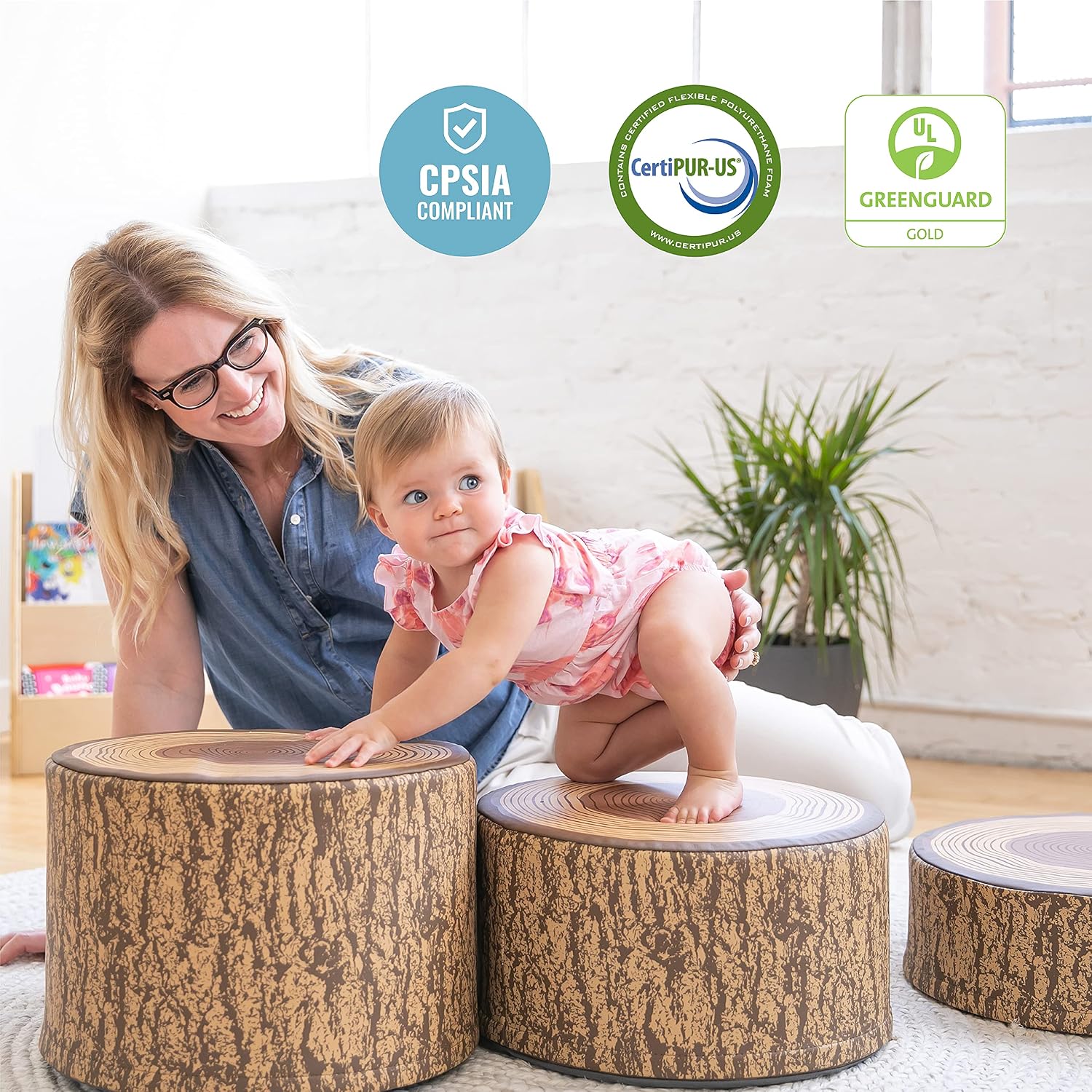ECR4Kids SoftZone Tree Stump Stool Set, Flexible Seating for Classrooms, Homeschool Learning, Daycares and Playrooms, Multiple Seat Heights,Toddler Climbing and Stepping Logs, 3-Piece