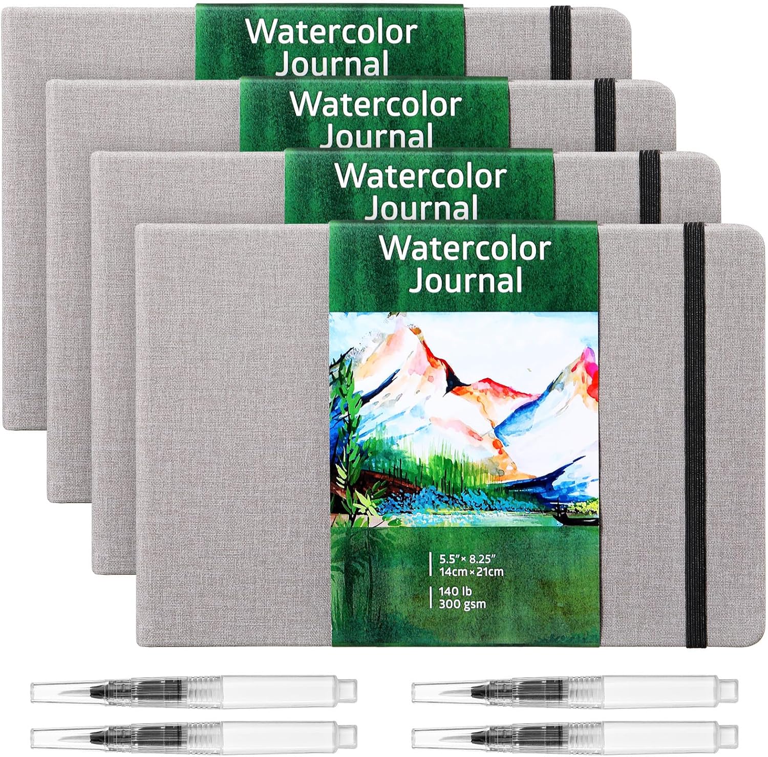 Dispowreath 4 Set Watercolor Sketchbook Journal with Watercolor Brush Pens 300 GSM Cotton Paper Portable Square Small Pocket Notebook Travel for Painters Art Supplies (5.5 x 8.25 Inch)