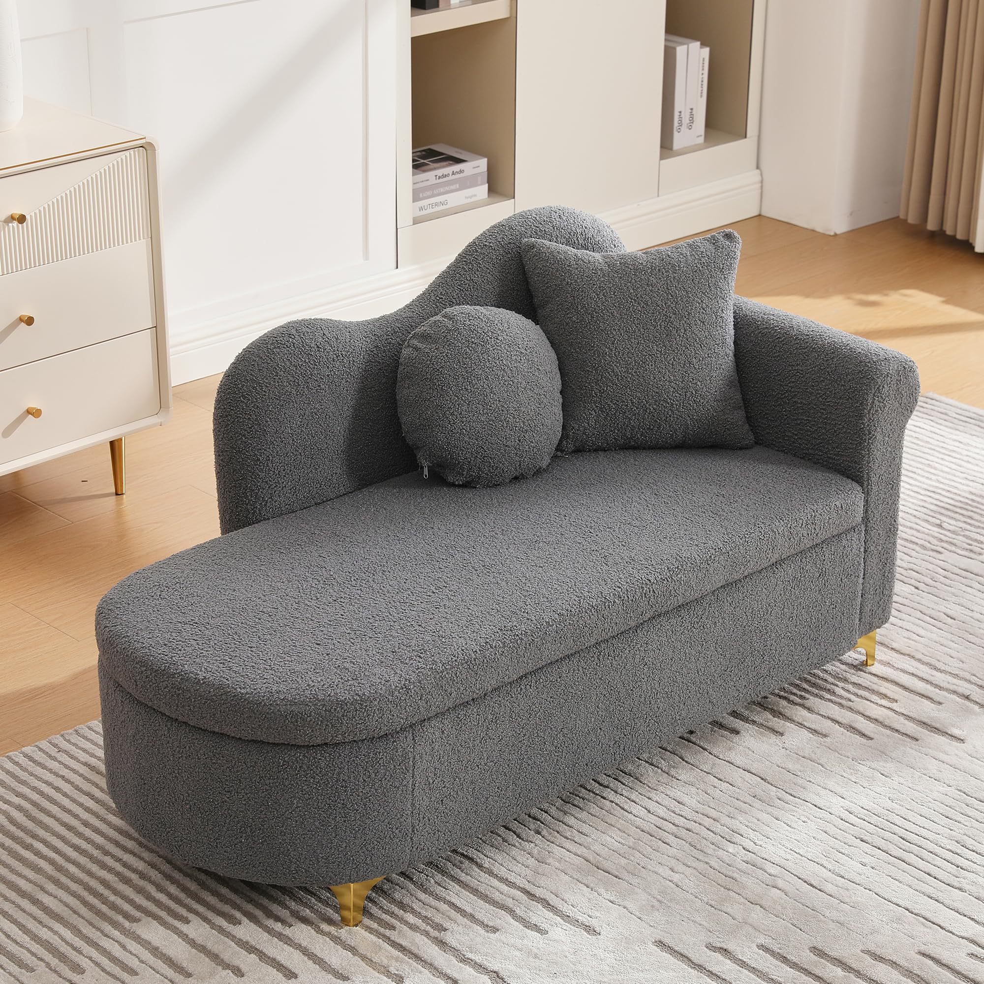 Merax Chaiselongue mit Stauraum, 134 cm Liege mit wellenförmiger Rückenlehne & Boucle-Stoff, hochdichter Schaumstoff, inkl. Lenden- & Nackenkissen, Retro-Look mit Massivholzrahmen, Grau