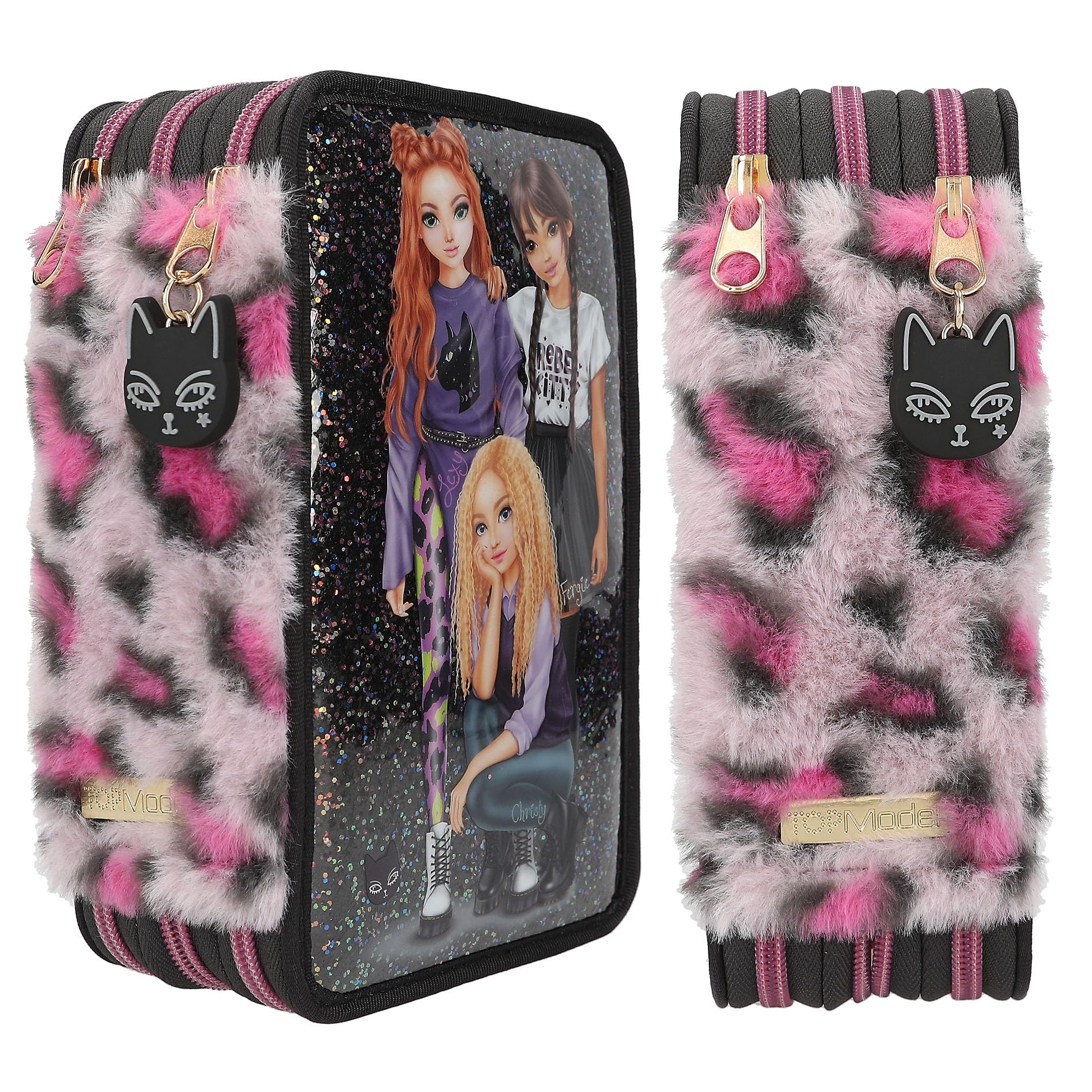 Depesche 13017 TOPModel Rebel Kitty, Filled 3-Compartment Pencil case in Black, with Model Motif, Glitter and Leo Fur - Image 2